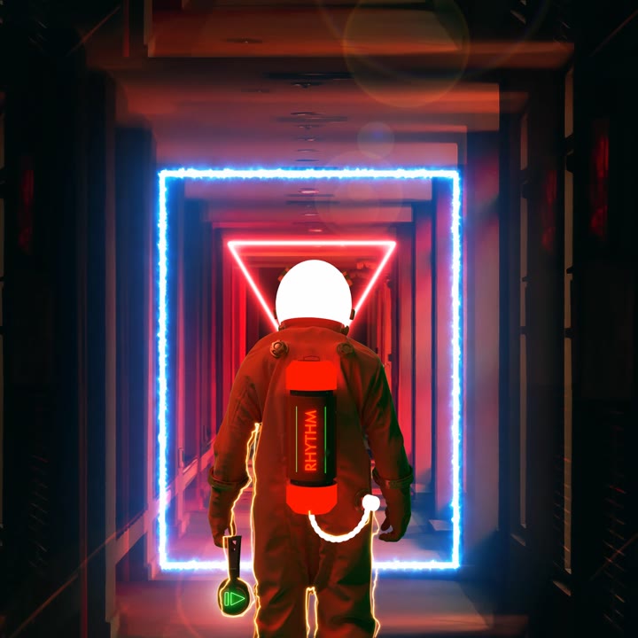 An astronaut walks through a corridor of glowing geometric portals